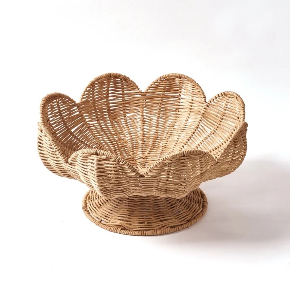 13.5” Woven Rattan Pedestal Bowl with Scalloped Edges - Home Decor Collection